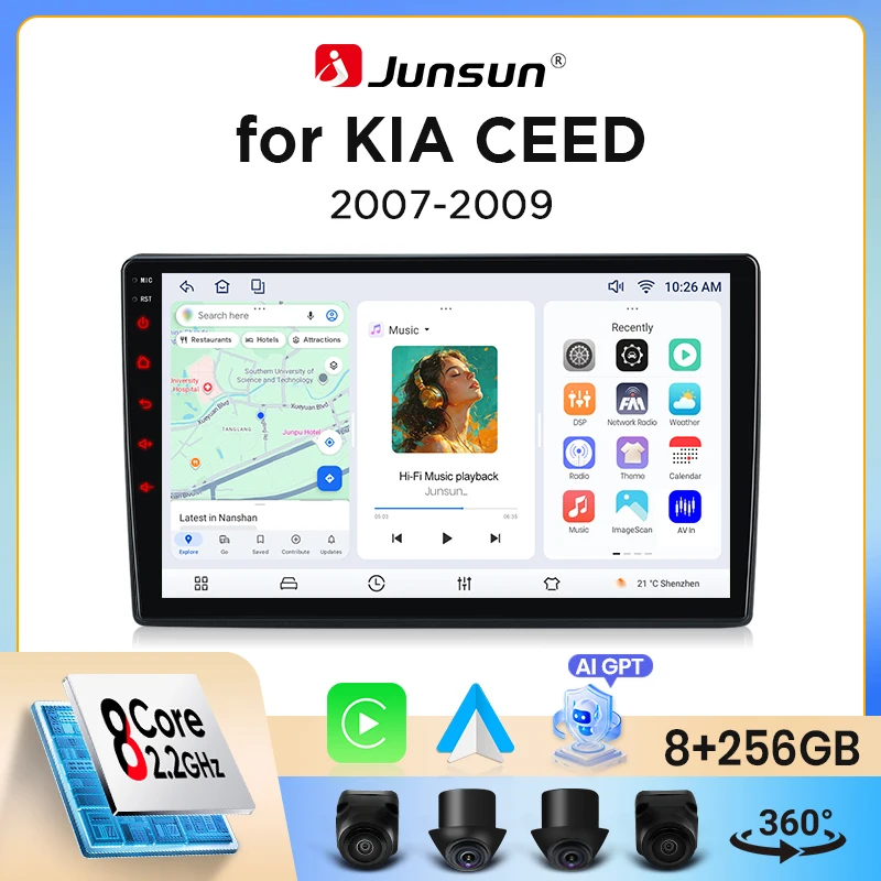 Image of Junsun Wireless CarPlay Android Auto Autoradio für Kia Ceed Mk1 (ED) 2006-2012 mit eingebautem Lüfter, Android GPS Navigation, Multimedia Player, WiFi, DSP, RDS, BT, SWC, IPS Touchscreen, Autoradio,