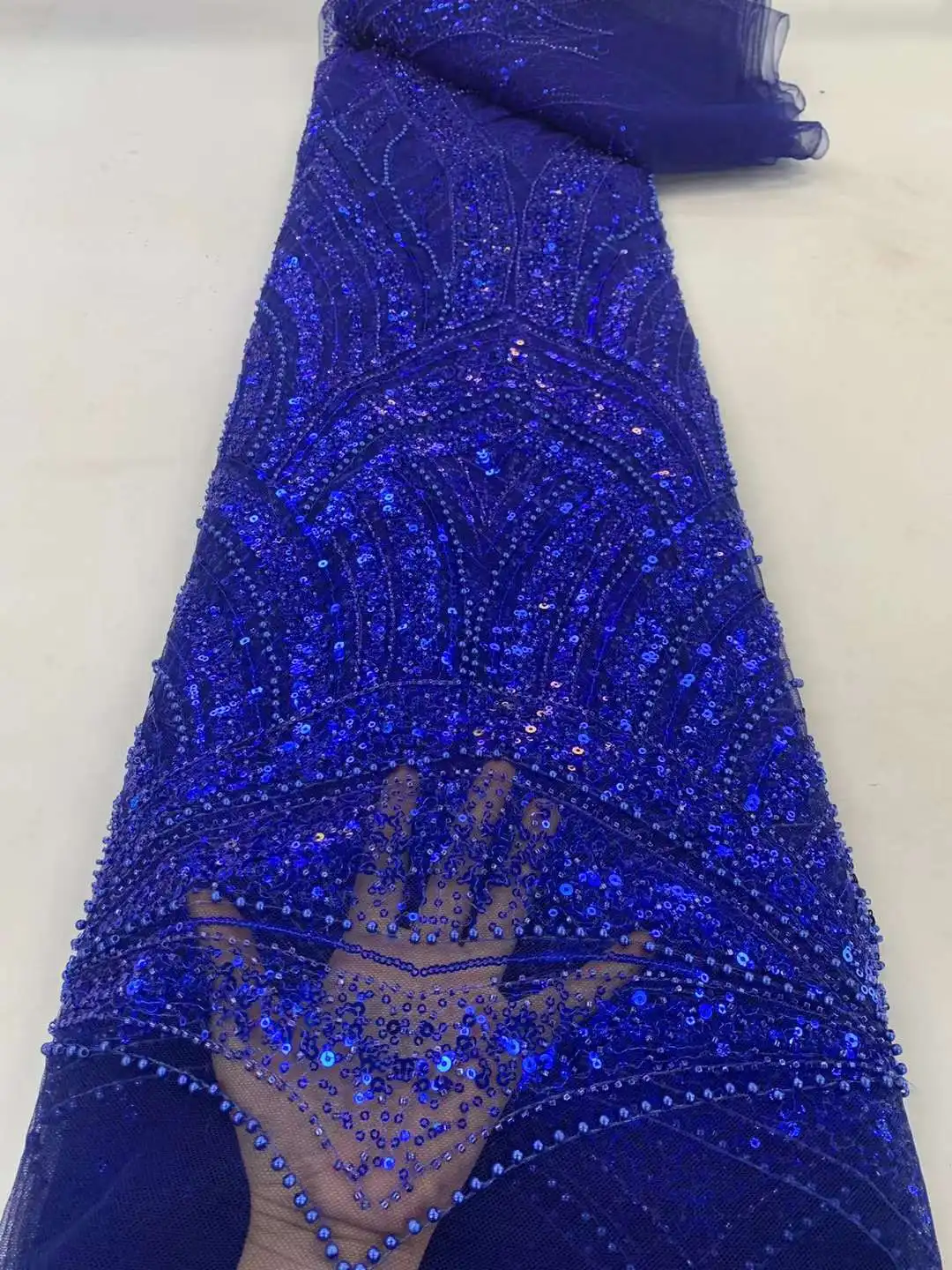 

Blue African Beaded Sequins Lace Fabric 2023 High Quality Lace French Tulle Nigerian Lace Fabric For Wedding Dress 5Yards Sewing