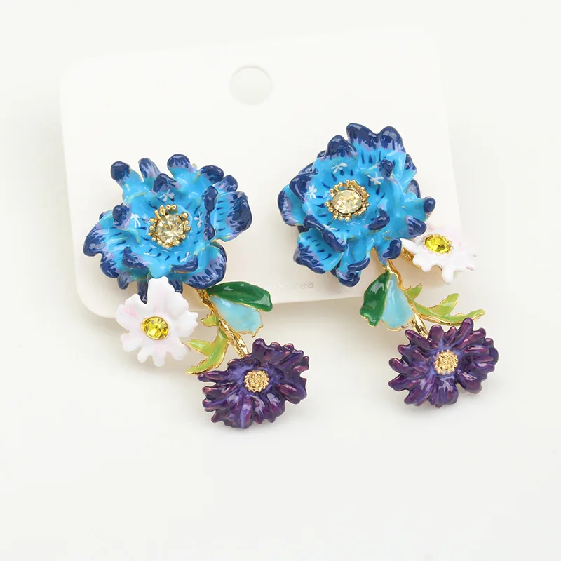 Unique Enamel Bustling Klein Blue Cornflower Bouquet Stud Earrings Ear Clips Niche Trendy Necklace Costume Jewelry Sets for Girl