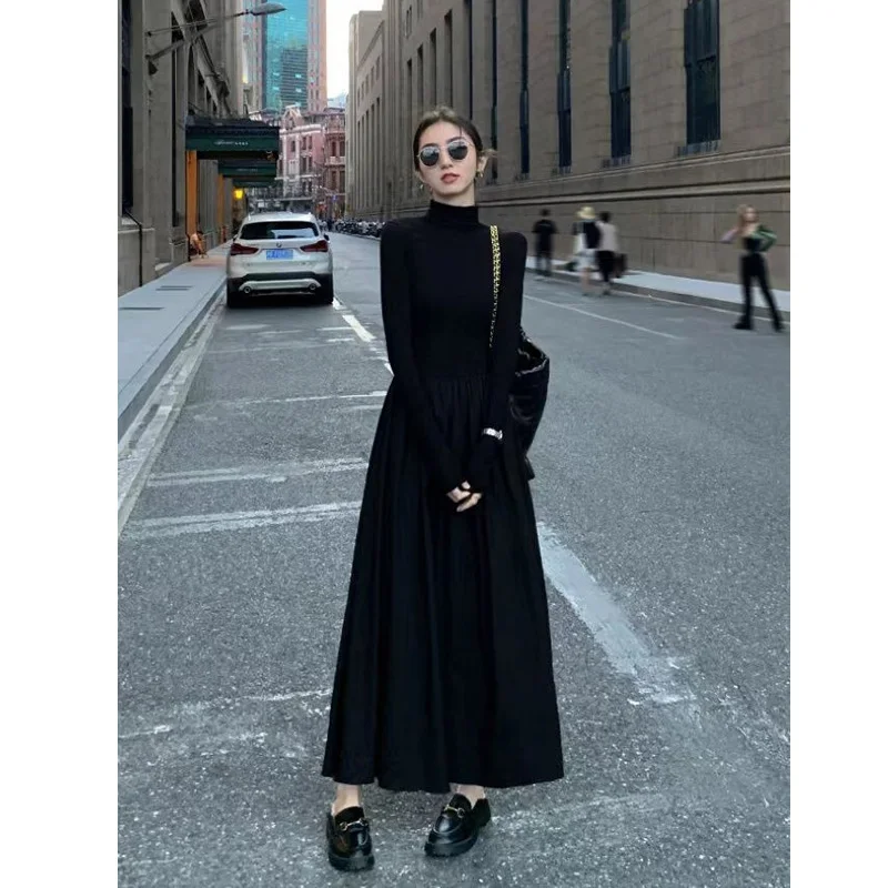 

Temperament Black All-match Long Dress Spring Autumn New Long Sleeve Solid Slim Vintage Dress Fashion Elegant Women Clothing