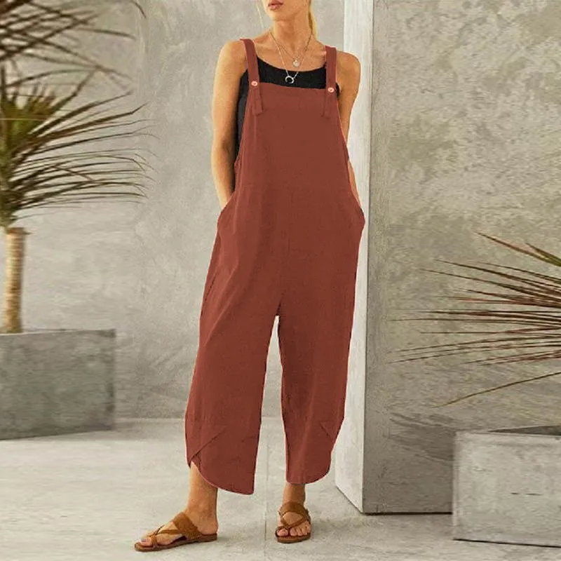 Women Jumpsuit Cotton Loose Fit Overalls Solid Color Wide Leg Pants Navy Blue Romper Sleeveless Adjustable Straps Jumpsuits