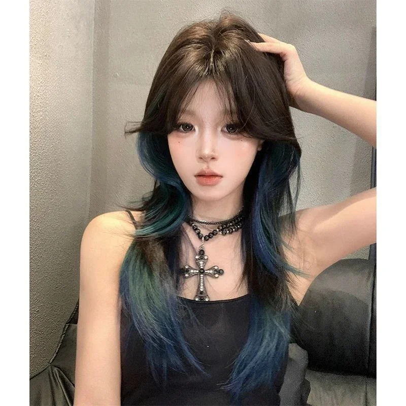 Peluca femenina de alto nivel, pelo medio y largo, algas marinas, cambio gradual verde, reflejos, cubierta completa para la cabeza, flequillo de ocho caracteres dulce