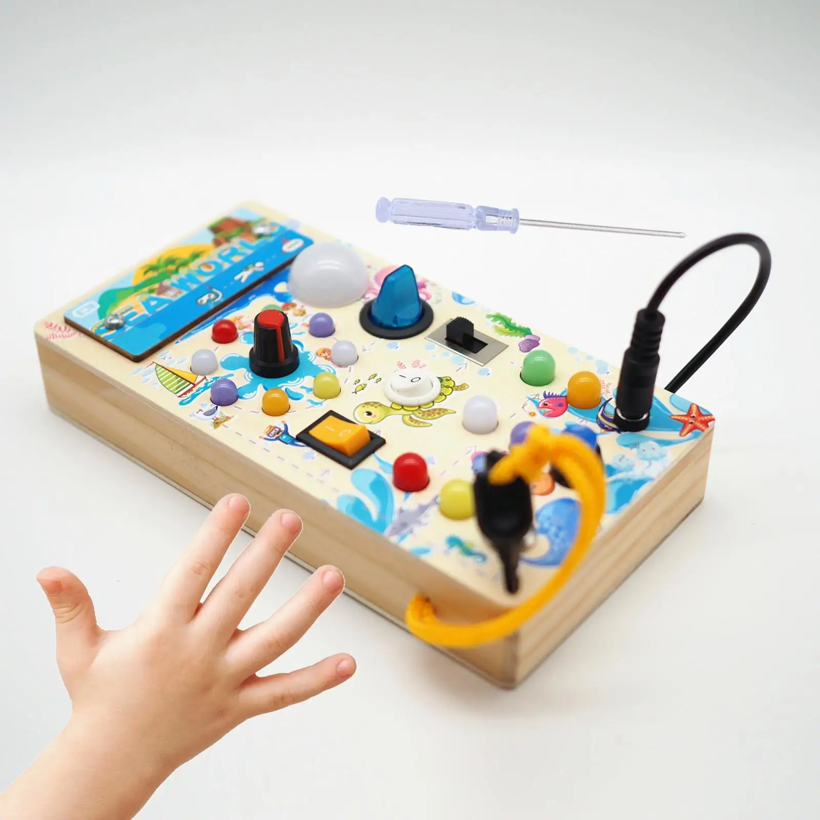 Tablero ocupado Montessori de desarrollo de tema marino, aprendizaje de habilidades básicas para la vida, juguete de interruptor de luces educativas tempranas para mayores de 1 año