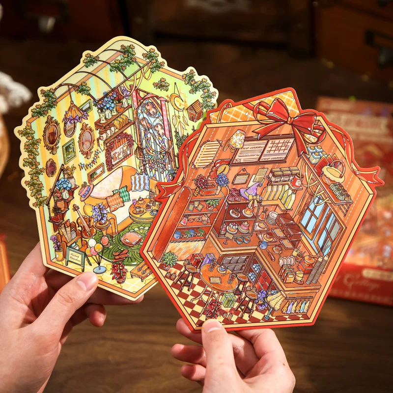 Kawaii  Warm Light Cabin 3D afternoon coffee Landscape Sticker  DIY Pocket Cabin Scene festival gift
