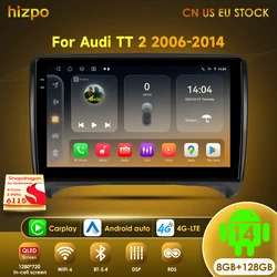 Hizpo Carplay+Auto 8G 128G Android 14 Radio GPS For Audi TT MK2 8J 2006-2014 Car Multimedia Player WIFI Autoradio 4G LTE 2 Din