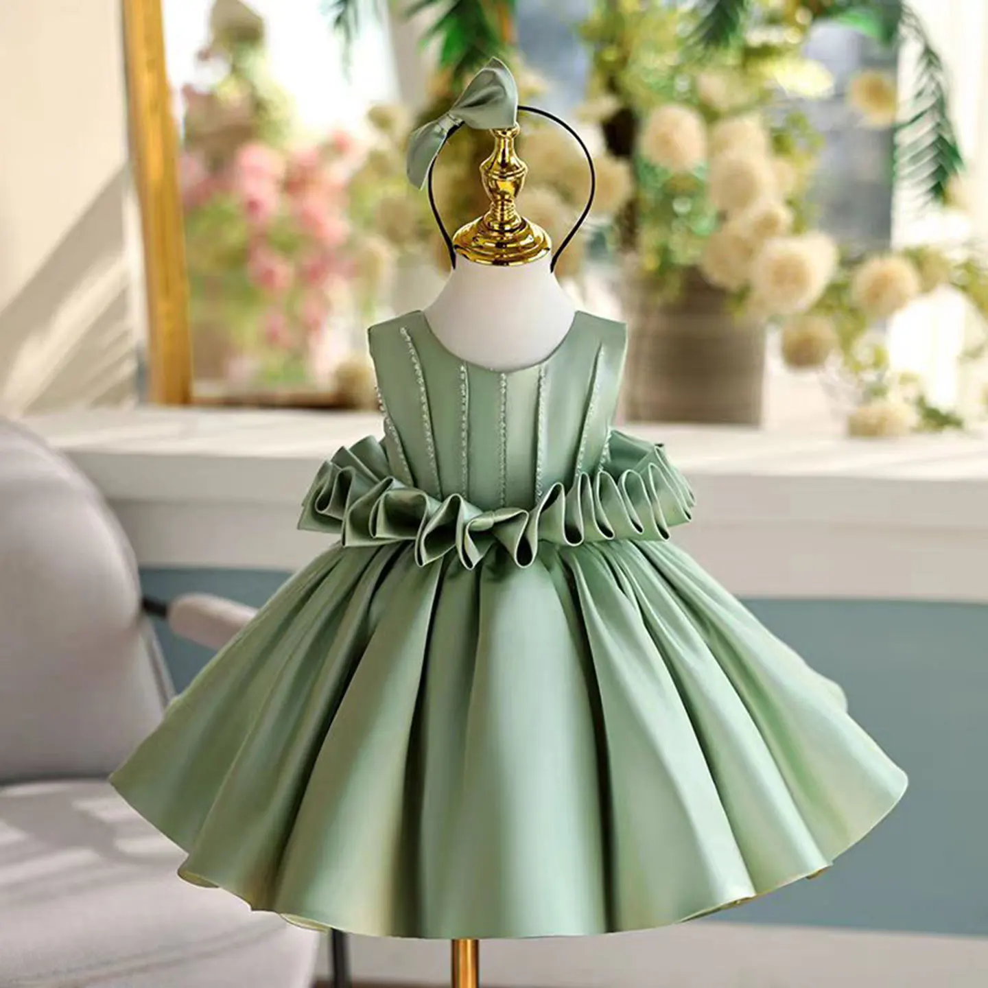 فساتين فتاة الزهور الأميرة الطفل أنيقة حكيم الأخضر فساتين حفلات أعياد الميلاد Vestidos الساتان الاطفال الزفاف دي Novia