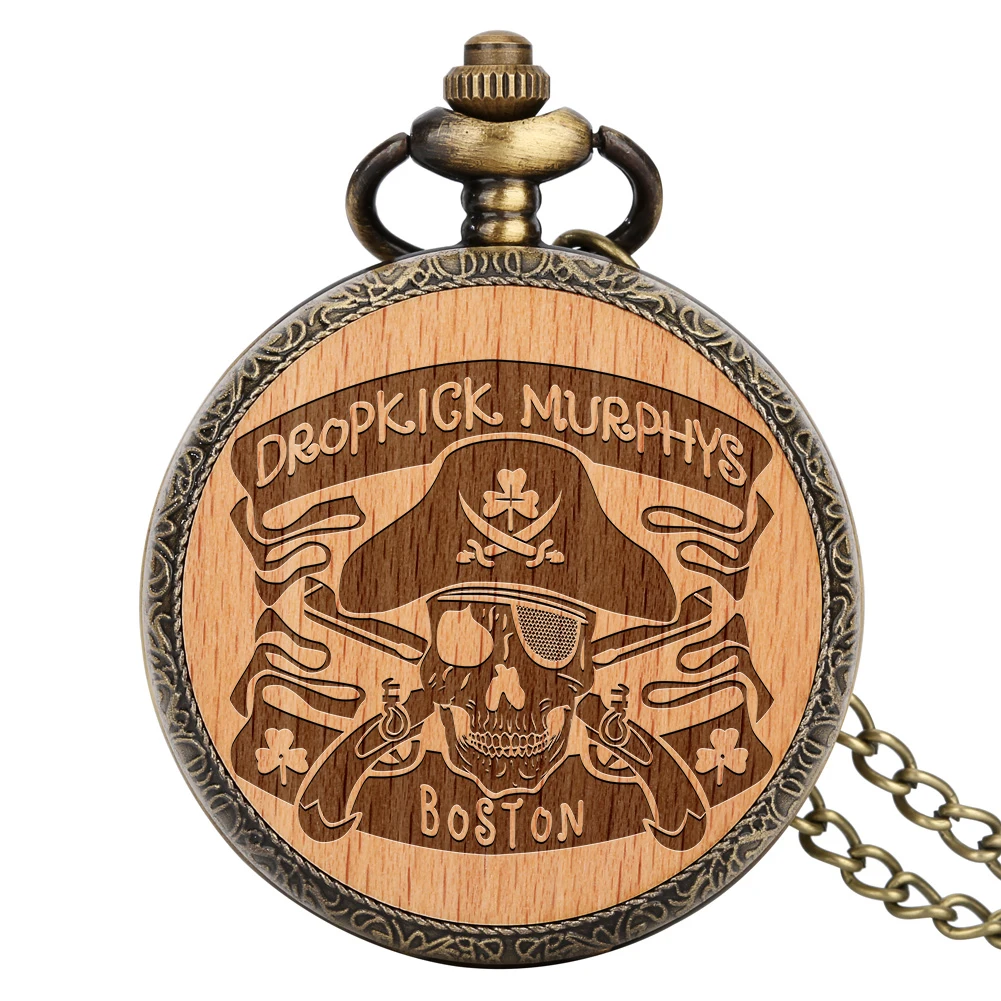 Steampunk Bronze Pirate Skull MURPHYS Quartz Pocket Wood Watch Necklace Pendant Clock for Men Women