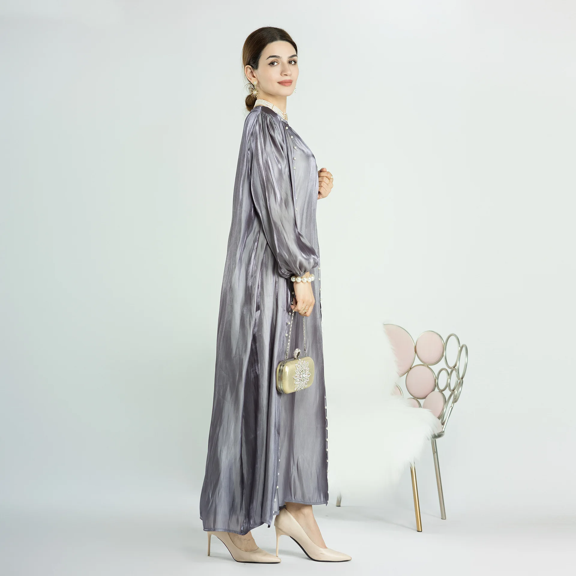 Cardigan perlé Abayas manches bouffantes ensemble musulman femmes robe Maxi à manches longues et robe d'été sans manches Musulman taille haute 2ps