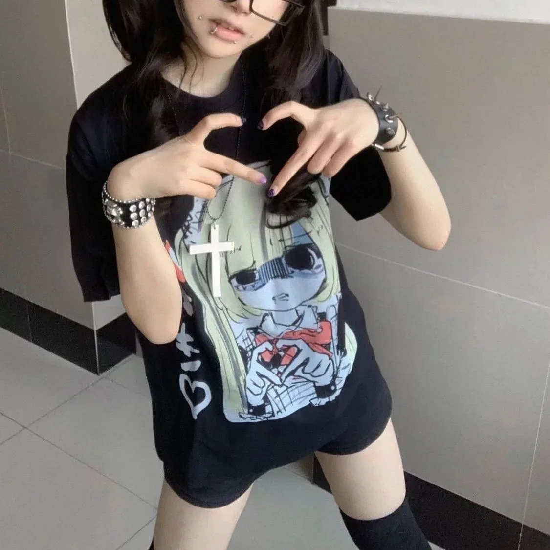 Japanisches Y2K Jirai Kei Kurzarm-T-Shirt für Damen, O-Ausschnitt, Cartoon-Print, lockeres Oberteil, reine Baumwolle, süßes Subkultur-Yami-Kawaii-Shirt – Detail 5