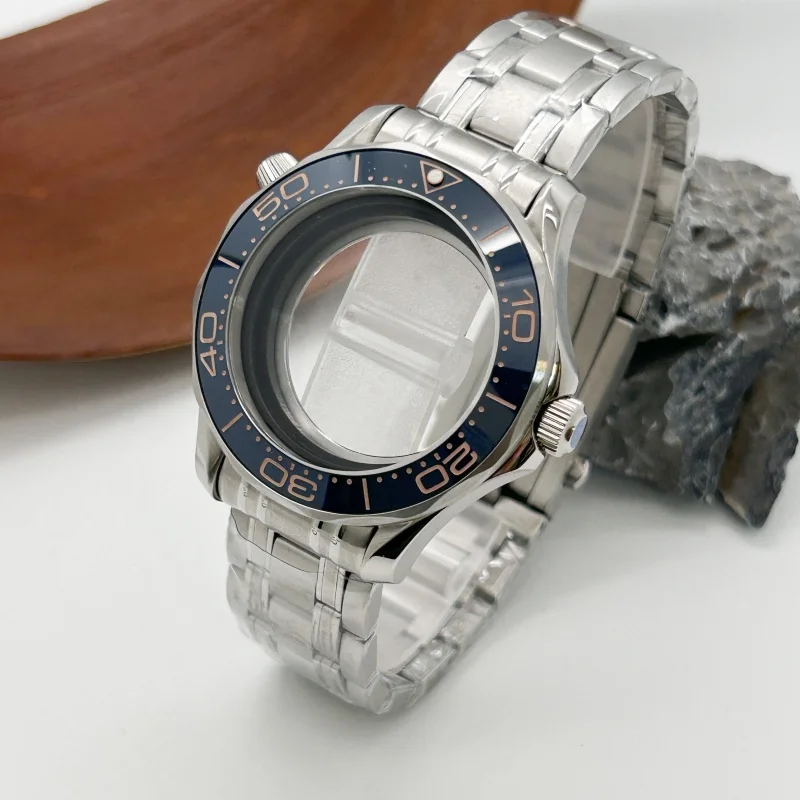 Vidrio Mineral de acero inoxidable plateado de 42mm para Omg300 NH35 NH36 NH70 funda deportiva impermeable para hombre banda de acero bisel cerámico sin logotipo