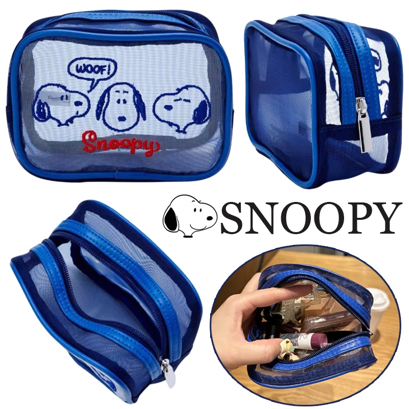 Snoopy Cosmetic Bag Cartoon Embroidery Mesh Makeup Bags for Girls Travel Zipper Portable Wash Storage Pouch Toiletry Bag Washbag