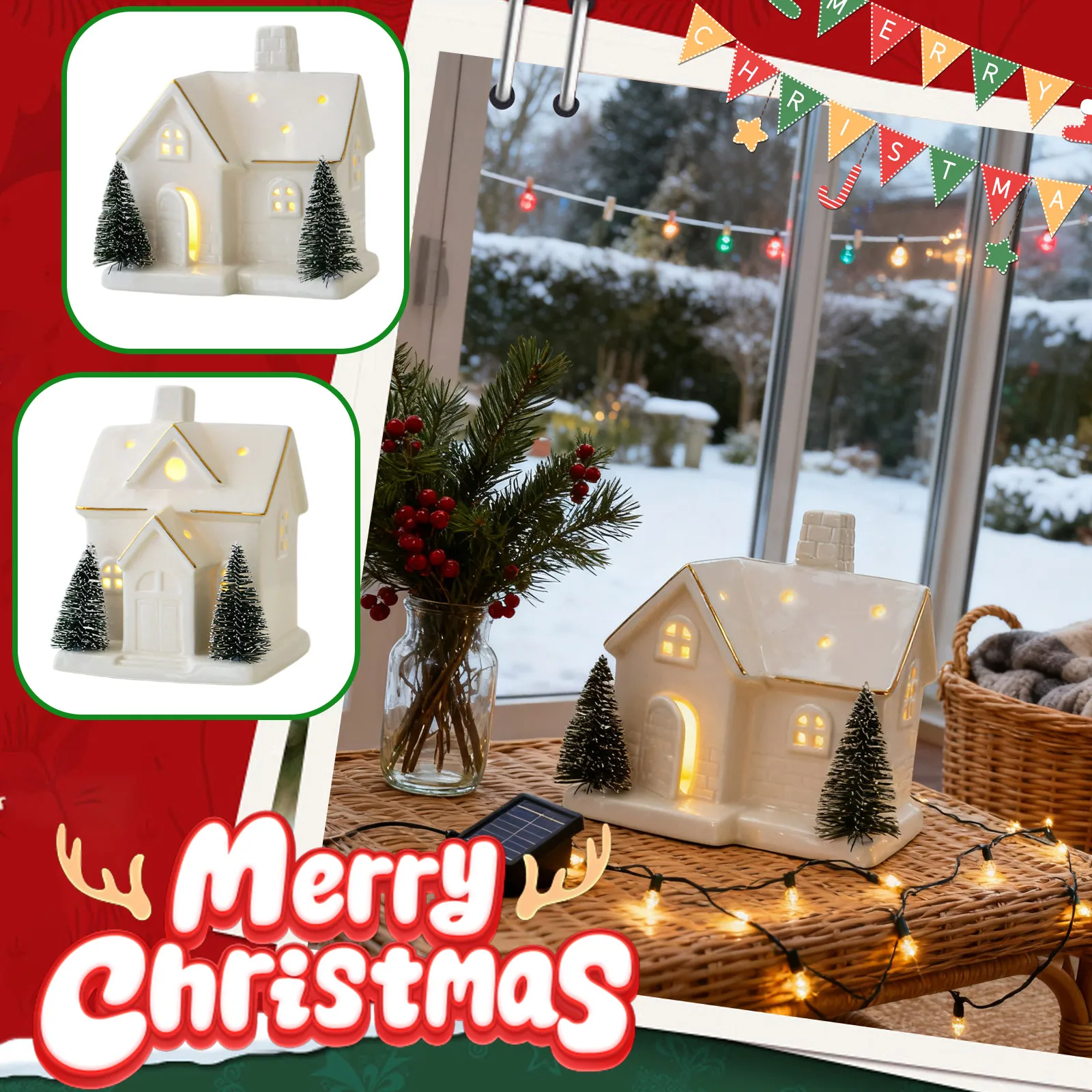 Ceramic Christmas Village Houses,Glowing Lighted Holiday Decorations for Tabletop,Xmas Tree House Ceramic Ornaments Home Decor