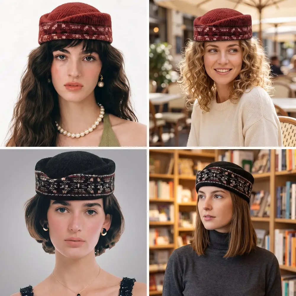 French Style Fair Isle Pattern Pillbox Hat Jacquard Fedoras Knitted Beret Hat Dome Air Hostess Medicine Box Hat Women