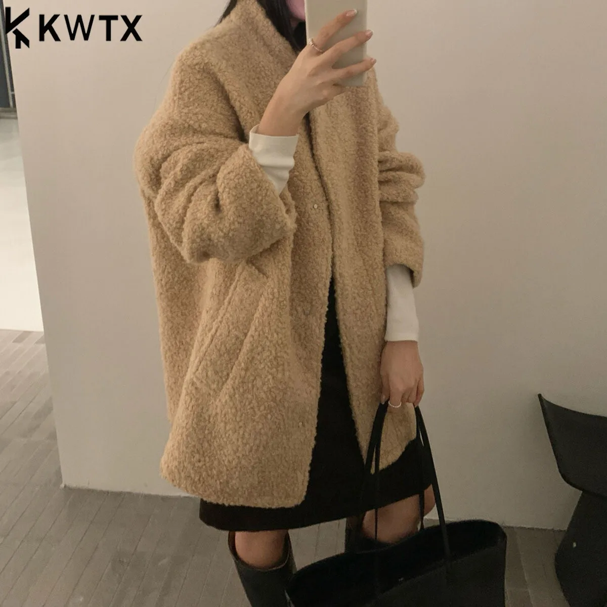 

KWTX 2025 Womens Wool Coat Autumn Winter Vintage Elegant Mid-Length Stand Collar Single-Breasted Pocket Chic Solid Casual