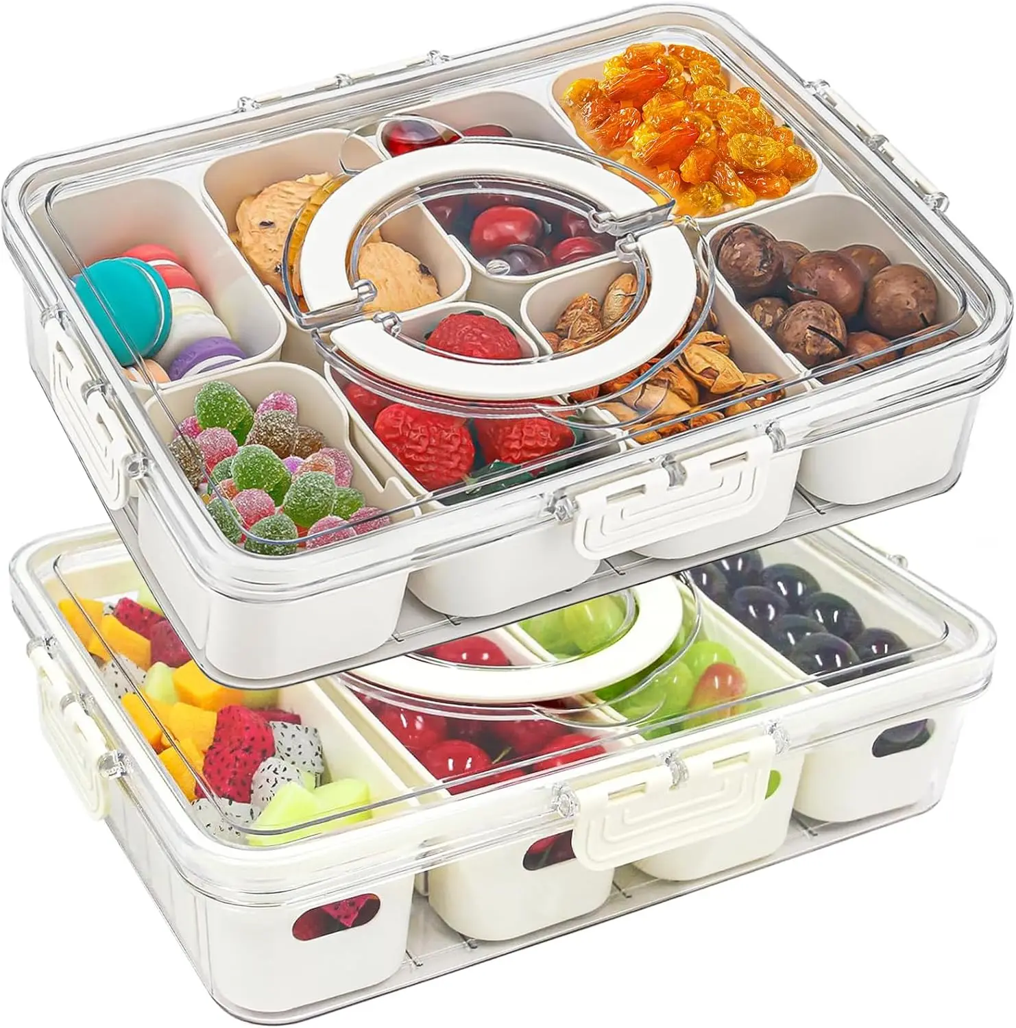 Bandeja para servir dividida con tapa y asa, caja para aperitivos de 4/8 compartimentos, plato portátil para aperitivos, frutas, verduras y picnic de fiestas