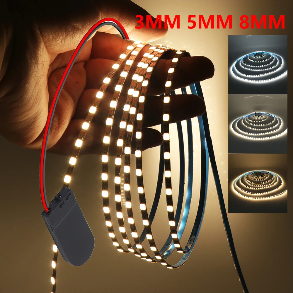 3MM 5MM 8MM LED Strip 5V Battery Powered 2835 120LEDs/m Flexible and Cuttable LED Light Tape Warm Natural White 0.5m 1m 2m 3m