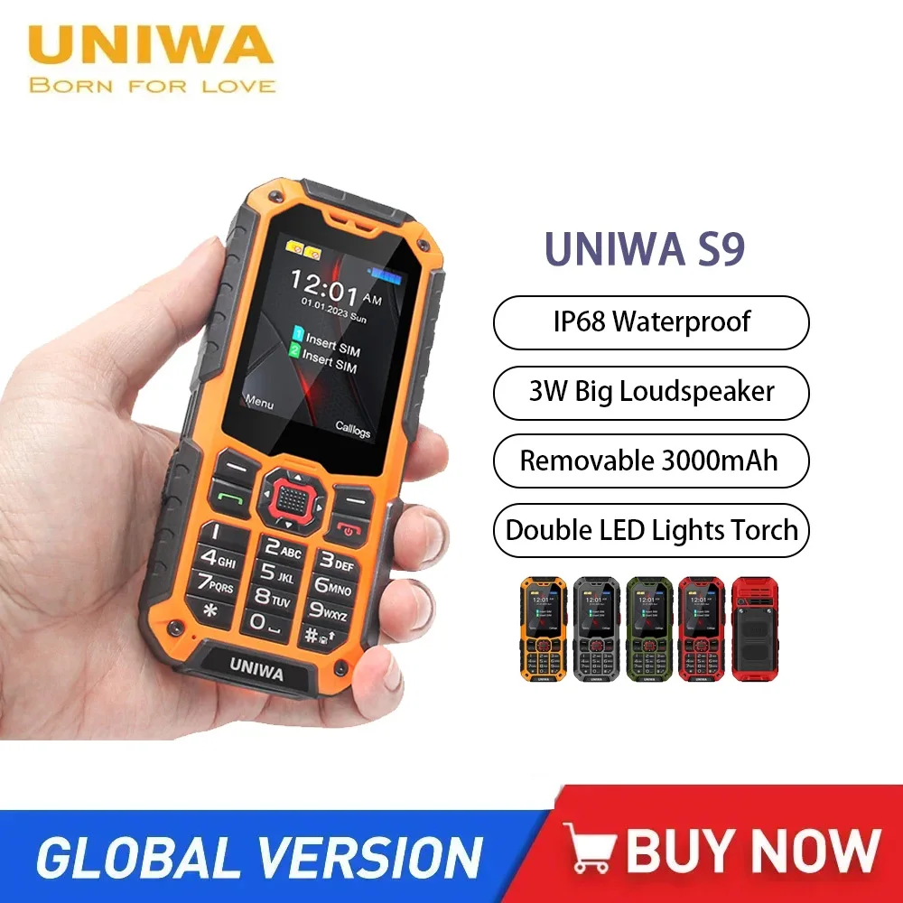 

UNIWA S9 4G Feature Phone 2.4 Inch IP68 Waterproof SOS Button 3W Big Loudspeaker LED Light 3000mAh Battery Rugged Cell Phones