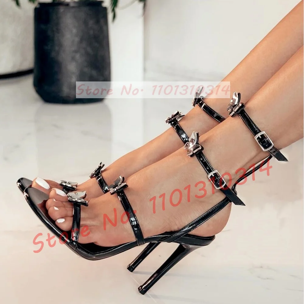 Metal Butterfly Accent Strappy Sandals Women Black Bling Stiletto High Heels Sandals Women Summer Buckle Straps Open Toe Shoes