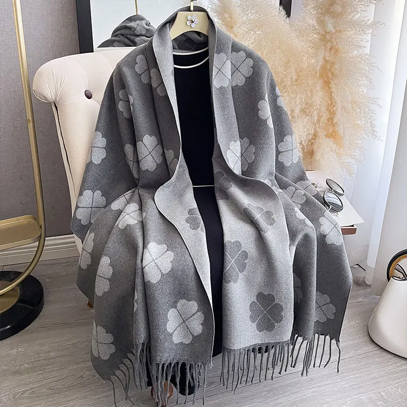 Women Imitation Cashmere Scarf Double‑Sided Clover Pattern Tassel Shawl Wrap Warm Winter Large Stole for Outdoor Party Gift