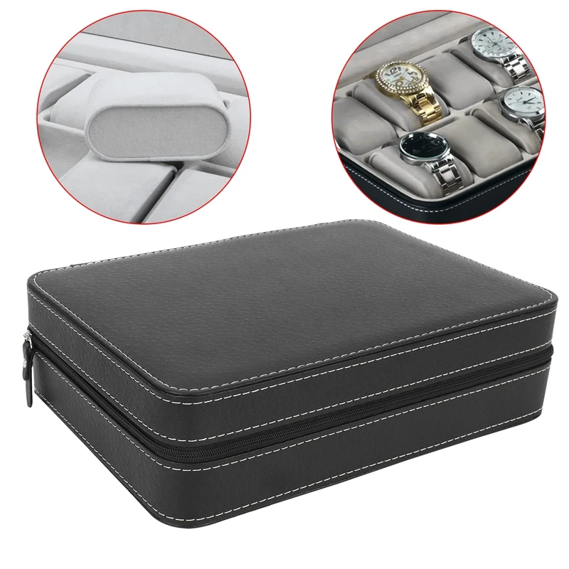 Portable Watch Box Organizer PU Leather Casket with Zipper Classic Style 10 Grids Multi-Functional Bracelet Display Case