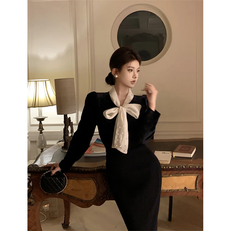 MEXZT Vintage Bow Shirts Women Elegant Black Velvet Blouses Office Lady Korean Party Long Sleeve Chic Basic All Match Tops New