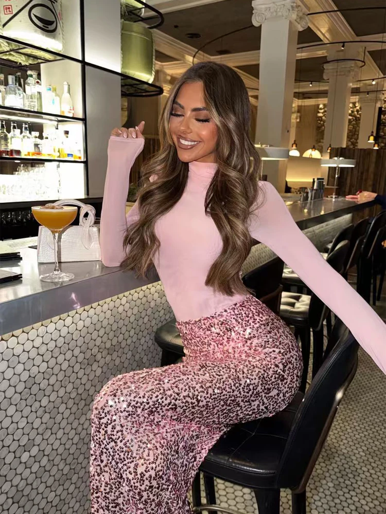 

Sexy Sequin Long Skirt Set Women Elegant Solid High Collar Fit Top High-waisted Maxi Skirts Sets 2026 Lady Night Party Wear