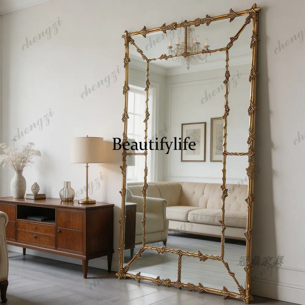 Nordic style wooden carved cloakroom wall hanging fitting mirror American style living room lace floor mirror