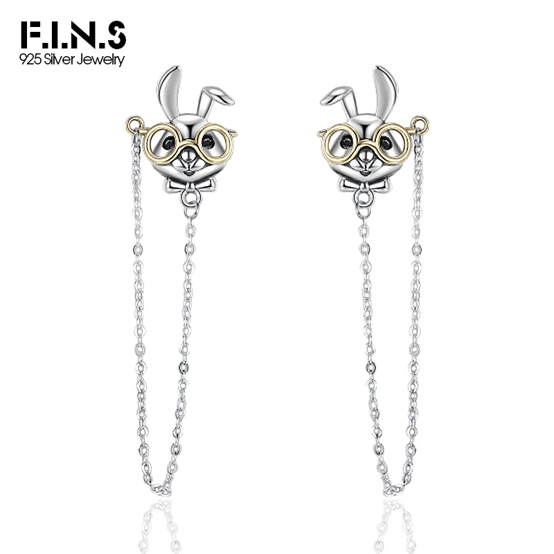 F.I.N.S S925 Sterling Silver Glasses Rabbit Earrings Retro Old Thai Silver Hanging Chain Piercing Ear Fine Jewelry Accessories