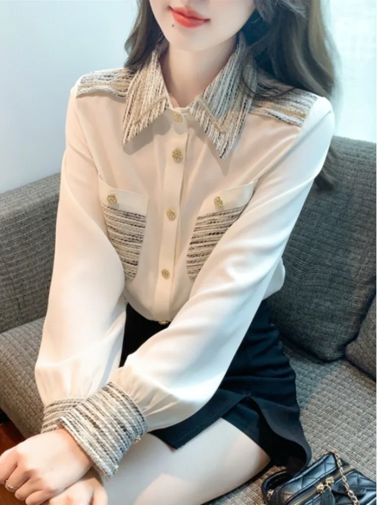 #3254 Black White Office Shirts Single Breasted Vintage Regular Fit Long Sleeve Shirts Pockets France Style Chiffon Shirt Woman