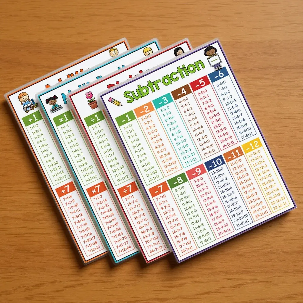 4Pcs Large Math Chart Poster Addition Subtraction Multiplication Division Educational Classroom Learning Tool Numbers Poster