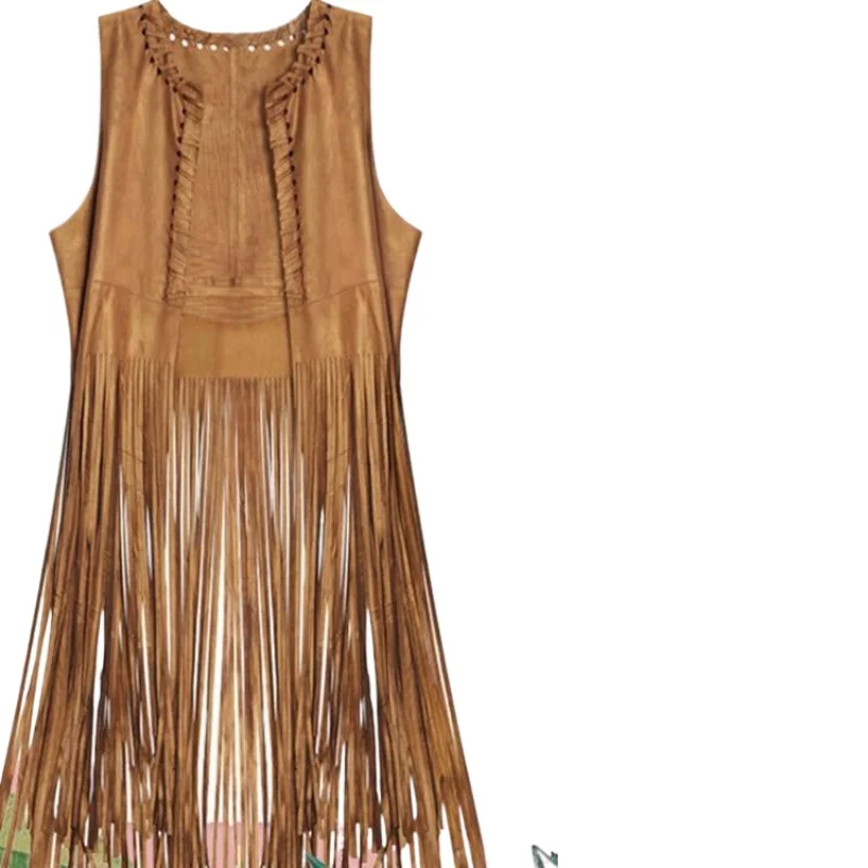 Women's Slim Sleeveless Undershirt, Vintage Deerskin Velvet, Long Fringe Vest, Cut Out Waist Design, High Quality, New Fashion