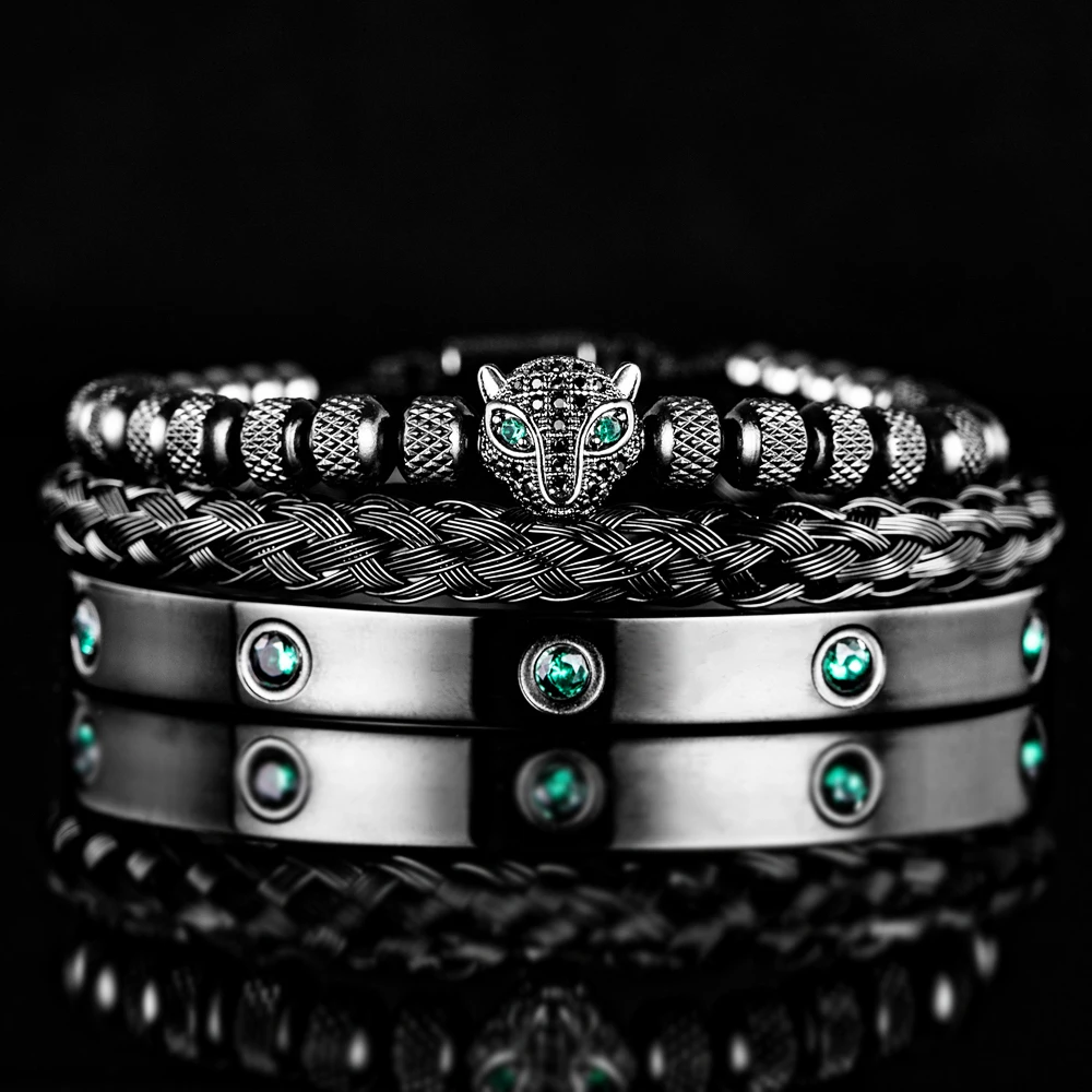 Luxury Micro Pave Green CZ Leopard Head Royal Charm Men Bracelets Stainless Steel Crystals Bangles Couple Handmade Jewelry Gift