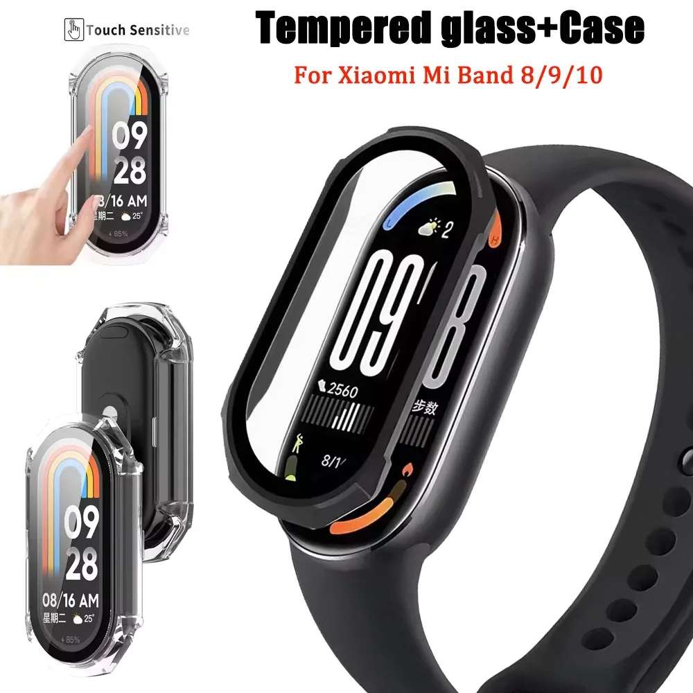 Funda rígida de PC + cristal para Xiaomi Mi Band 10 9 8, Protector de pantalla, funda protectora de parachoques para Mi Band 8 9 10, película de accesorios