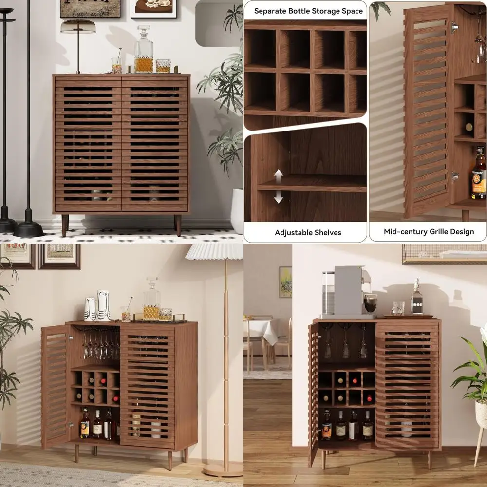 

Walnut-Toned Century Bar Cabinet with Wine Storage for Dining & Living Spaces
