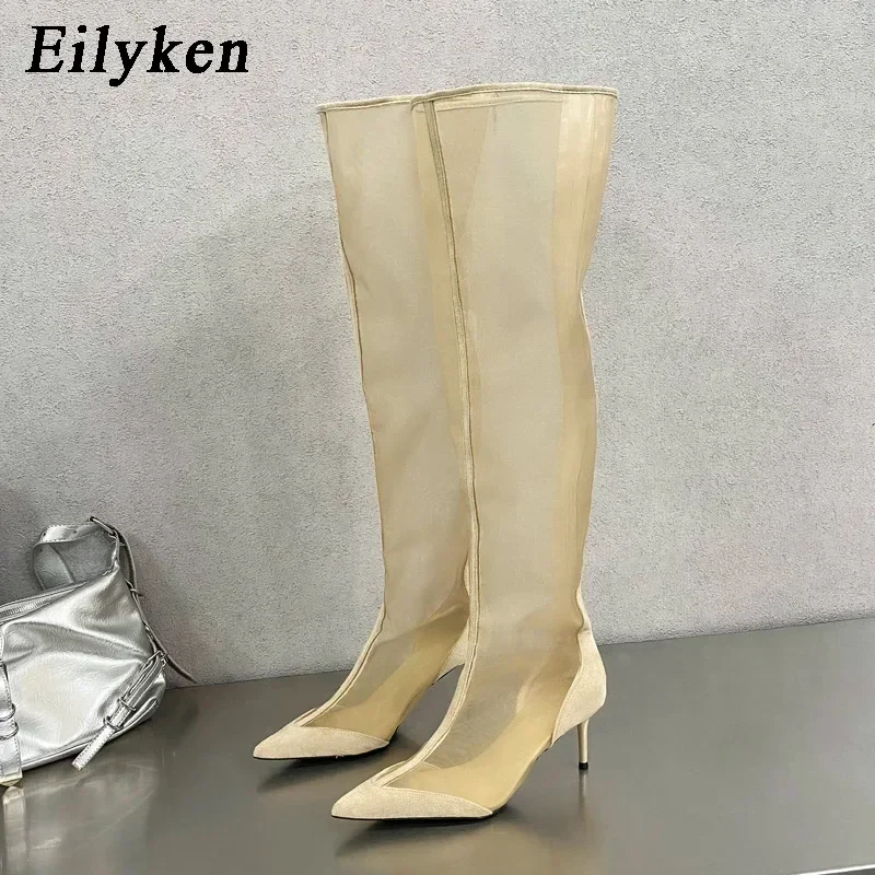 Eilyken New Design Mesh Pointed Toe Women Over The Knee Boot Sandals Fashion Zipper Thin High Heels Party Prom Shoes