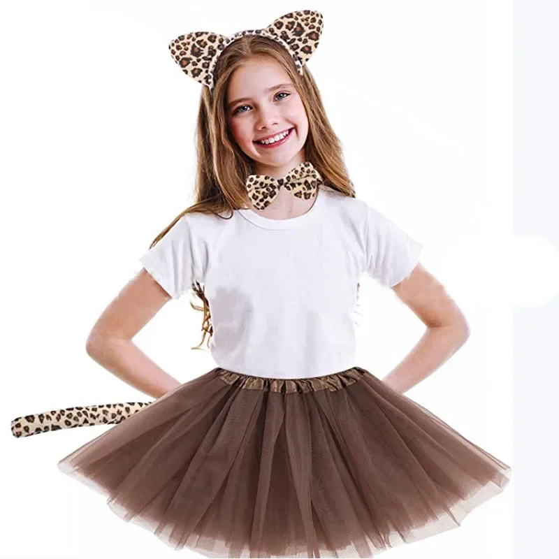 Diadema con orejas de guepardo y gato para niña y mujer, conjunto de animales de leopardo con cola de lazo, tocado, disfraz de Halloween y Navidad, regalo de cumpleaños