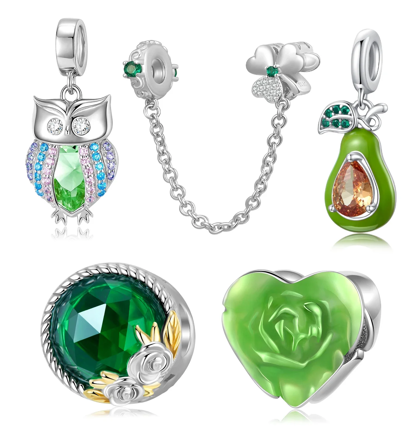 

STILLHOUSE 925 Sterling Silver Avocado Owl Beads Green Clover Safety Chain Charm Fit Original Bracelet Diy Jewelry Accessories
