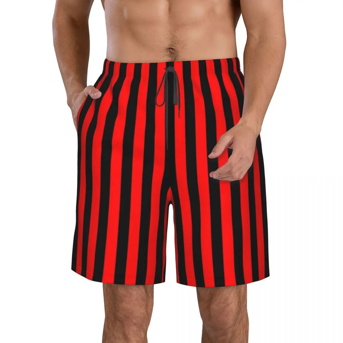 Red And Black Vertical Stripes Trunks Beach Board Shorts Casual Quick Dry Swim Summer Men Pants