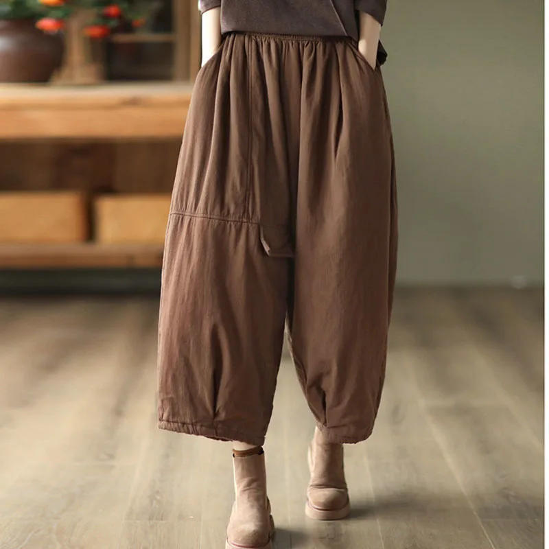 

NINI WONDERLAND 2023 Winter Plus Cotton Thickened Wide Leg Pants Women Elastic Waist Loose Casual Pants Lady Calf Length Pants