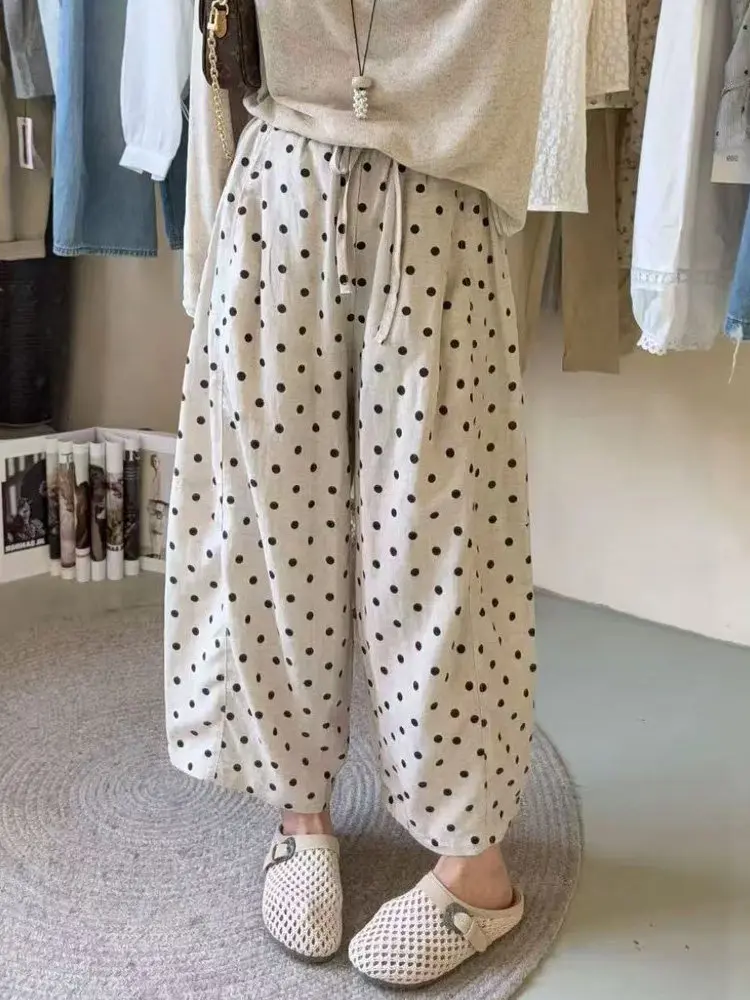 Korean Style Cotton Linen Polka Dot Wide Leg Pants Women's Loose Slimming Small Size Versatile Nine Point Casual Pants