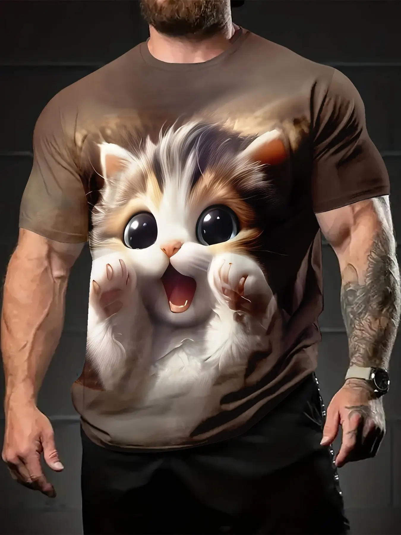 Herren T-Shirt Cartoon Niedliche Katzengruppe 3D-Druck Kurzarm Rundhals Sommer Lustige Streetwear Lässige Mode Oberteile Herrenbekleidung – Detail 5