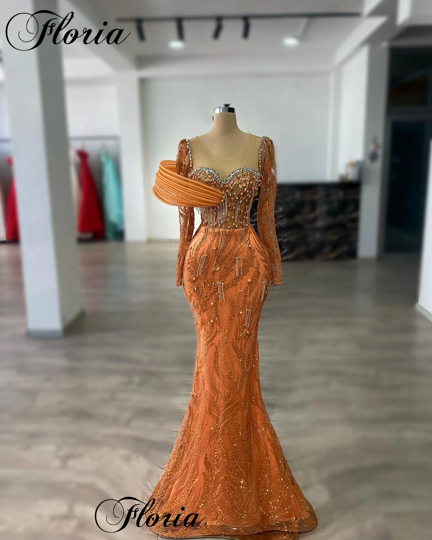 Burnt Orange Evening Dresses For Women 2024 Long Sleeves Celebrity Dresses With Pearls Robes De Soirée Red Carpet Runway Gowns