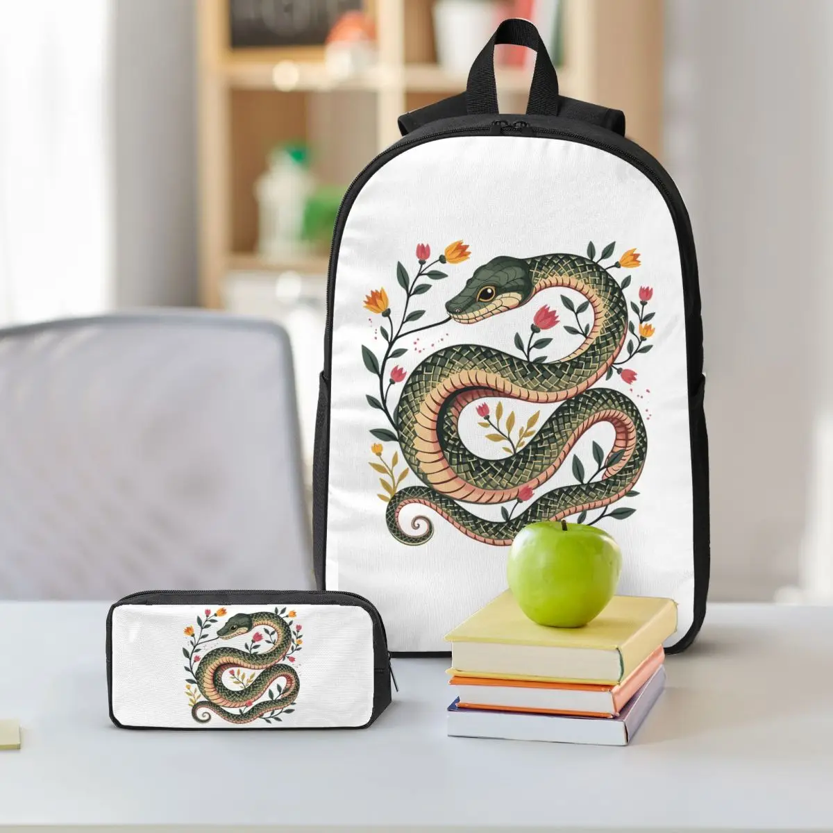 Botanical Serpent Nature Inspired Backpack Student BookBag School Bag Shoulder Bags 3ps Insulated Lunch Bag Pencil Case