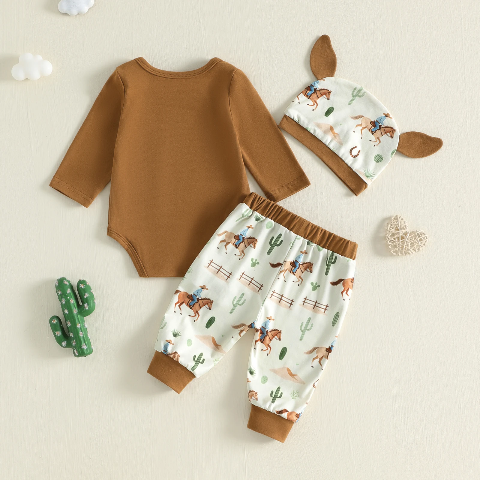 Baby Boy Western Fall Outfit Cute Letter Printed Long Sleeve Romper Pants Ears Hat Autumn Baby's Sets