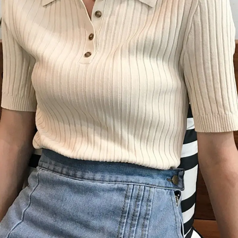 Women Casual Polo Plunge Neck Short Sleeve Knitted T-shirts Summer Female Elegant All-match Cropped Button Shirt Cotton Q512