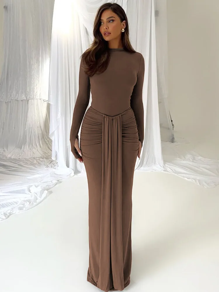 Mozision Ruched Draped Sexy Maxi Dress For Women Fashion O Neck Long Sleeve Bodycon Club Party Long Dress Female Elegant Dresses