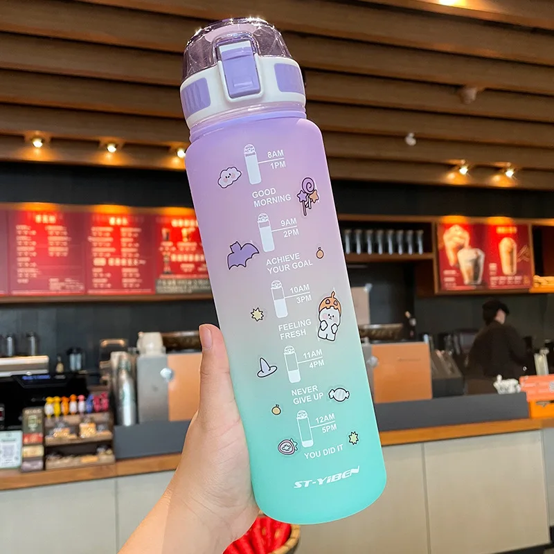 

Ins Cute Plastic Leak Proof Mug Large Capacity Portable Sport Cup Summer Outdoor Travel Drink Tumbler 1L Water Bottle With Scale