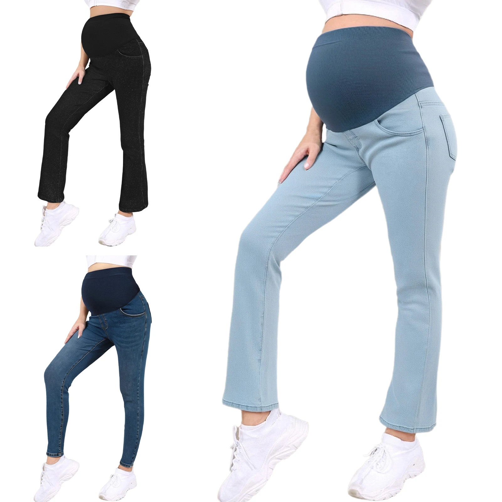 

Maternity Casual Denim Pants High Waist Stretchy Belly Support Jeans Flared Trousers with Pockets Casual Pregnancy Women Clothes