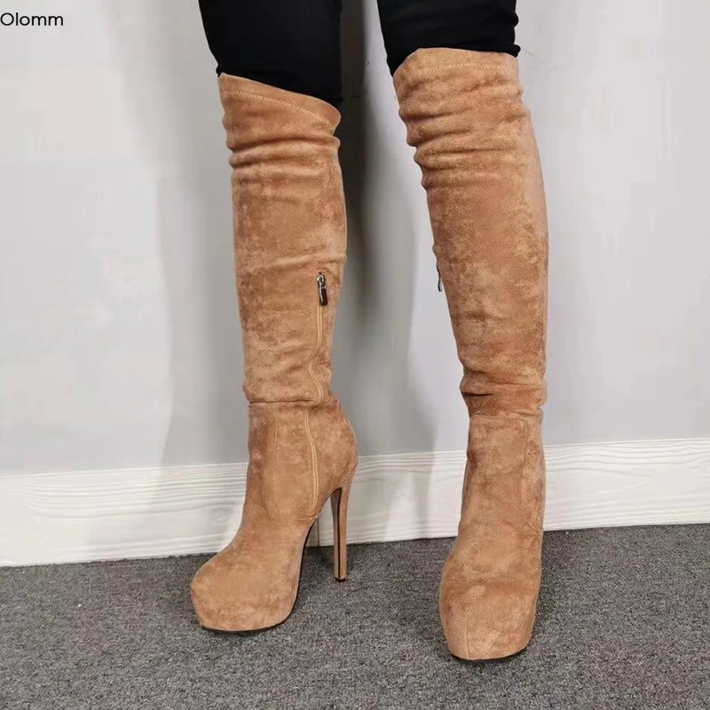 Olomm 2019 Botas de plataforma hechas a mano para mujer, botas altas hasta la rodilla, botas de tacón alto y fino, punta redonda, color camel, para mujer, tallas US 5-15.