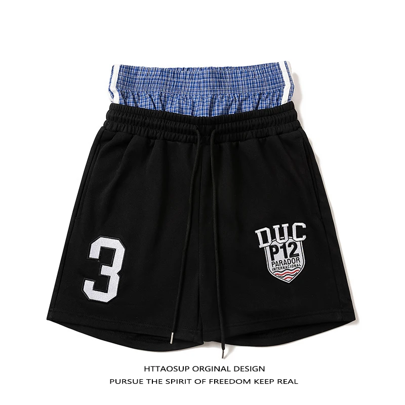 

HTTAOSUP American Hip Hop Plaid Patchwork Double Waist Head Shorts Embroidered Loose Straight Leg Sports Casual Five-Quarter ...